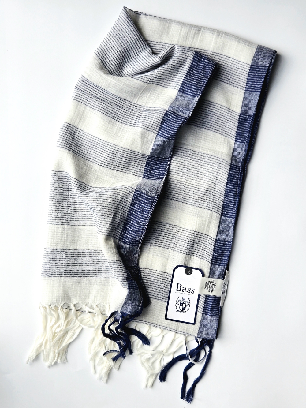 NWT GH Bass Striped Scarf Blue Cream Cotton Blend Lightweight Fringe Wrap Shawl - Picture 2 of 5